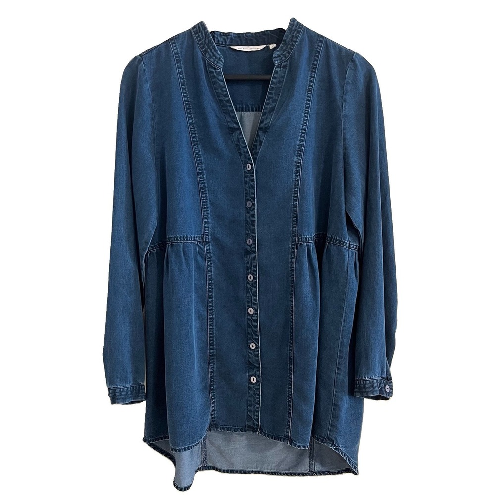 Soft Surroundings Denim Chambray Tunic Blouse S Long Sleeve Casual Chic Tencel